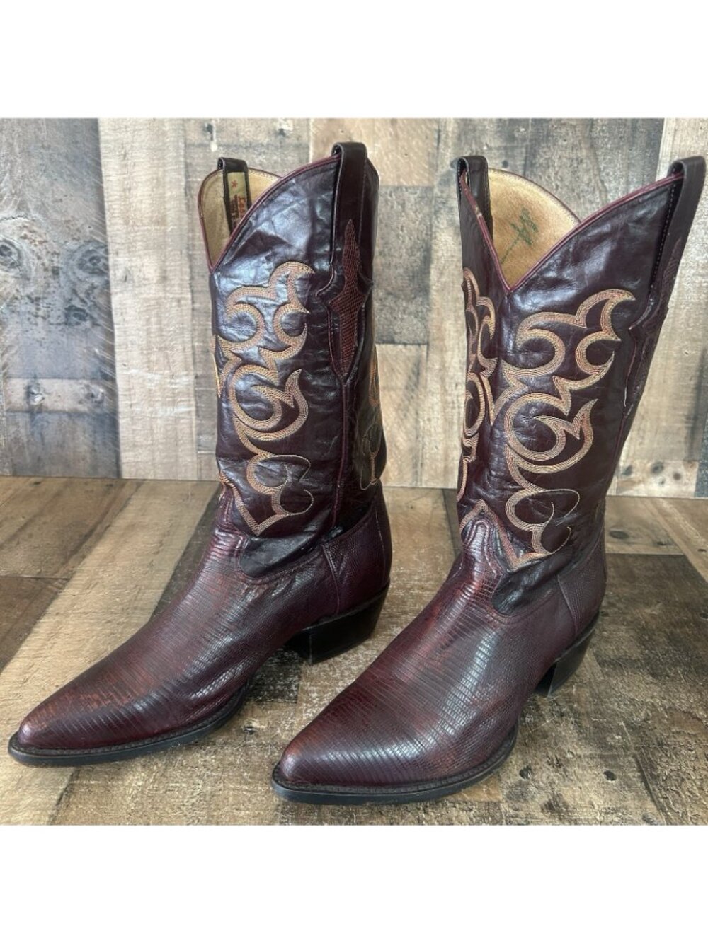 Los Altos Vintage Teju Lizard Burgundy Western Cowboy Boots Mens 10 EE - Picture 3 of 12